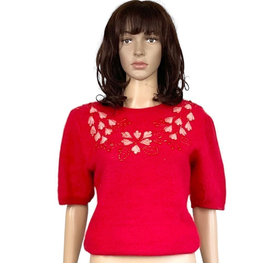 Nina Austin vintage red beaded embroidered angora mohair short sleeves sweater M